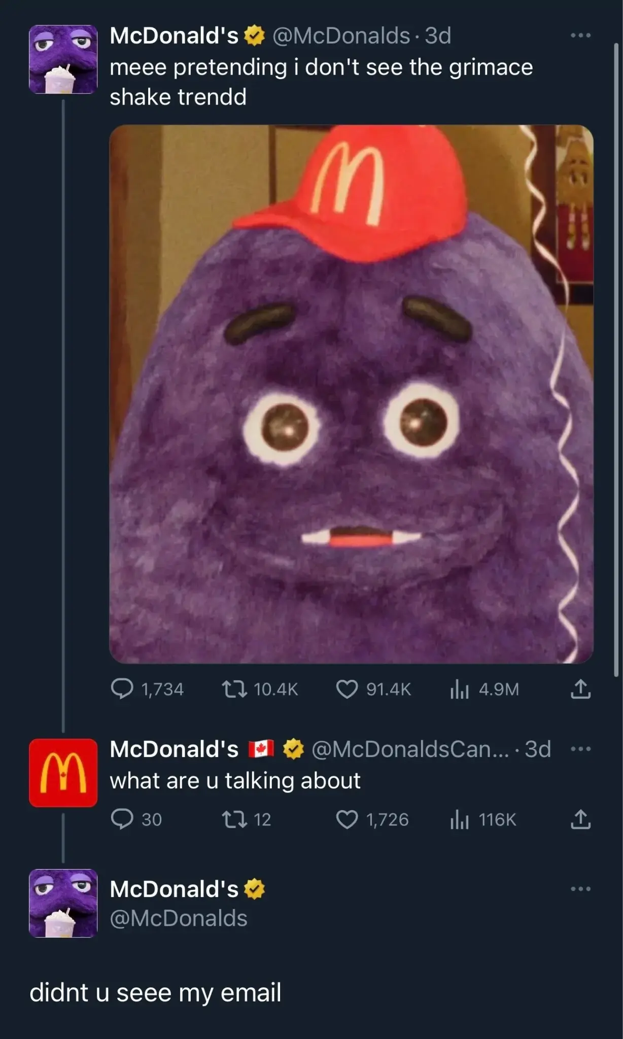 Screenshot of an X post with a picture of Grimace, a fuzzy purple mascot of McDonald