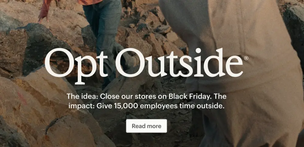 People hiking outdoors with text: Opt Outside. Close stores on Black Friday to give 15,000 employees time outside.