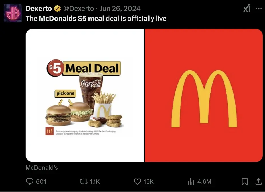 User @Dexerto with a screenshot of McDonald
