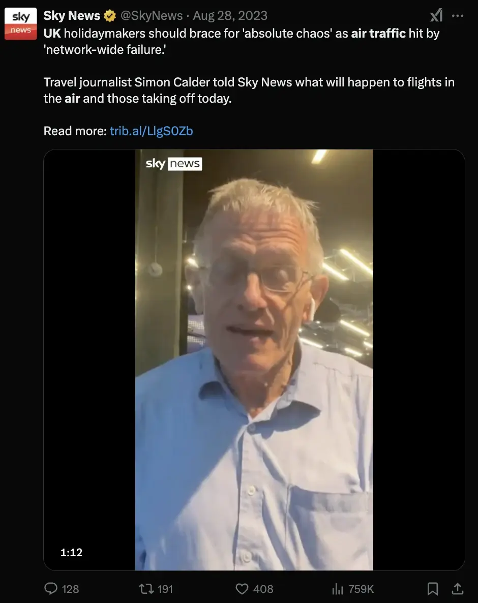 IG post by Sky News (@SkyNews) from Aug 28, 2023 with a video of Simon Calder, travel journalist, talking about