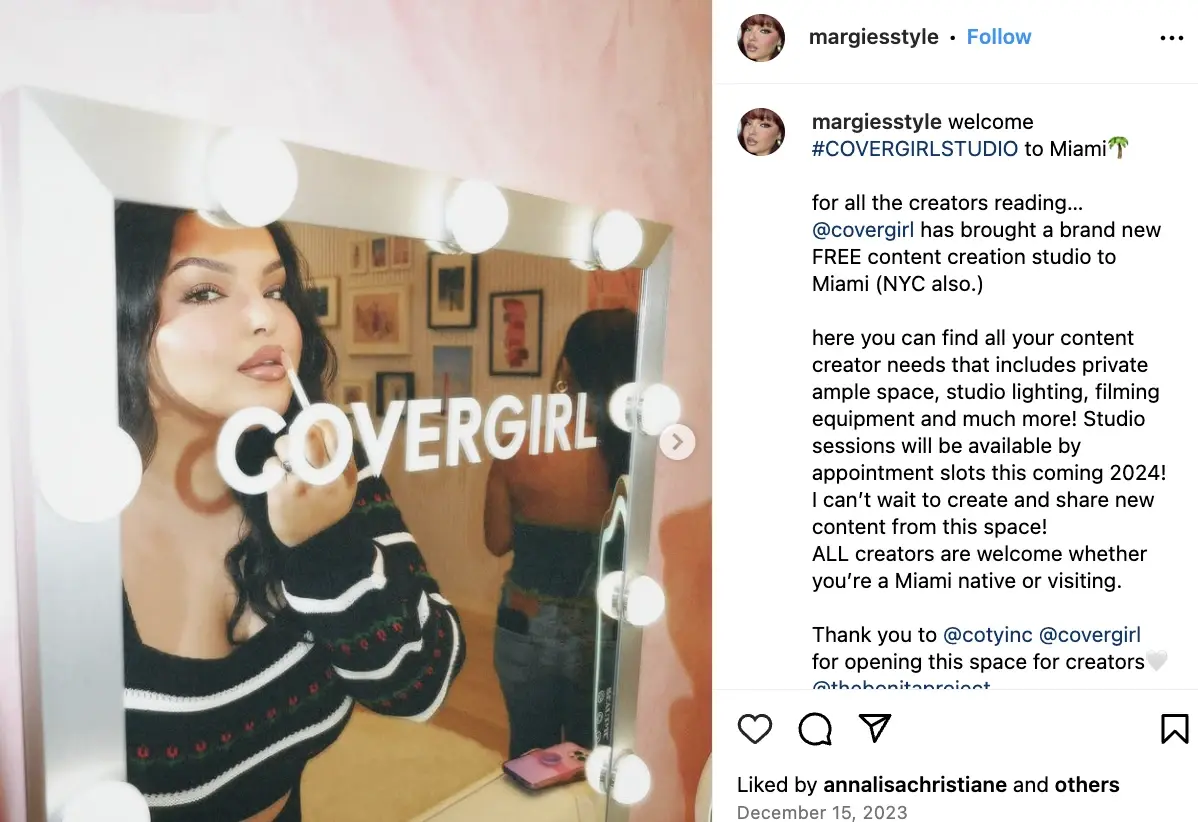 Screenshot of Instagram user margiesstyle post about #COVERGIRLSTUDIO, Cover Girl