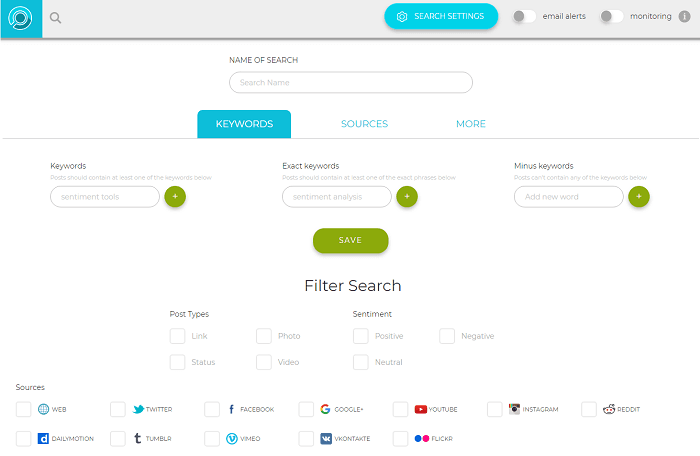 Sentiment analysis tools - Social Searcher home page