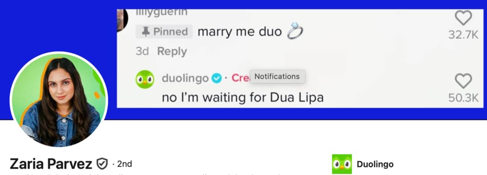 Zaria Parvez, on LinkedIn, has their banner image set to an exchange between @lillygurein "marry me duo" and @duolingo "no I