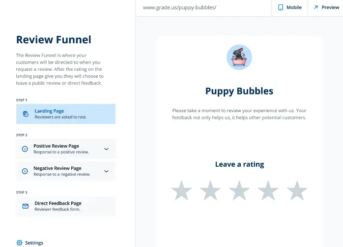 Grade.us sample review funnel for a business named Puppy Bubbles.