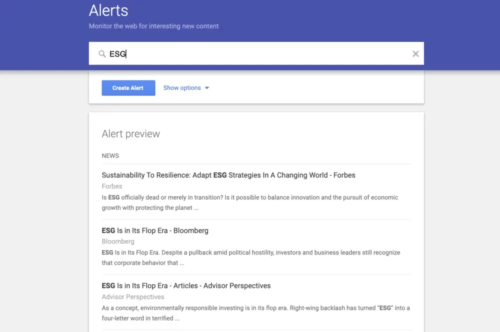 Google Alerts preview window showing news for searched keyword "ESG"