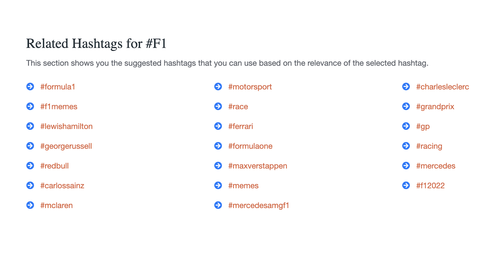 List of hashtags related to #F1, like #formula1, #motorsport, #f1memes