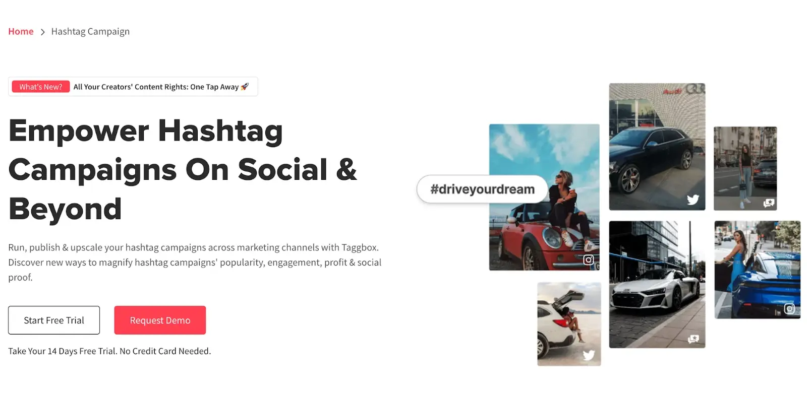 A webpage promoting hashtag campaigns, featuring a headline, two call-to-action buttons, and images of cars with hashtags.