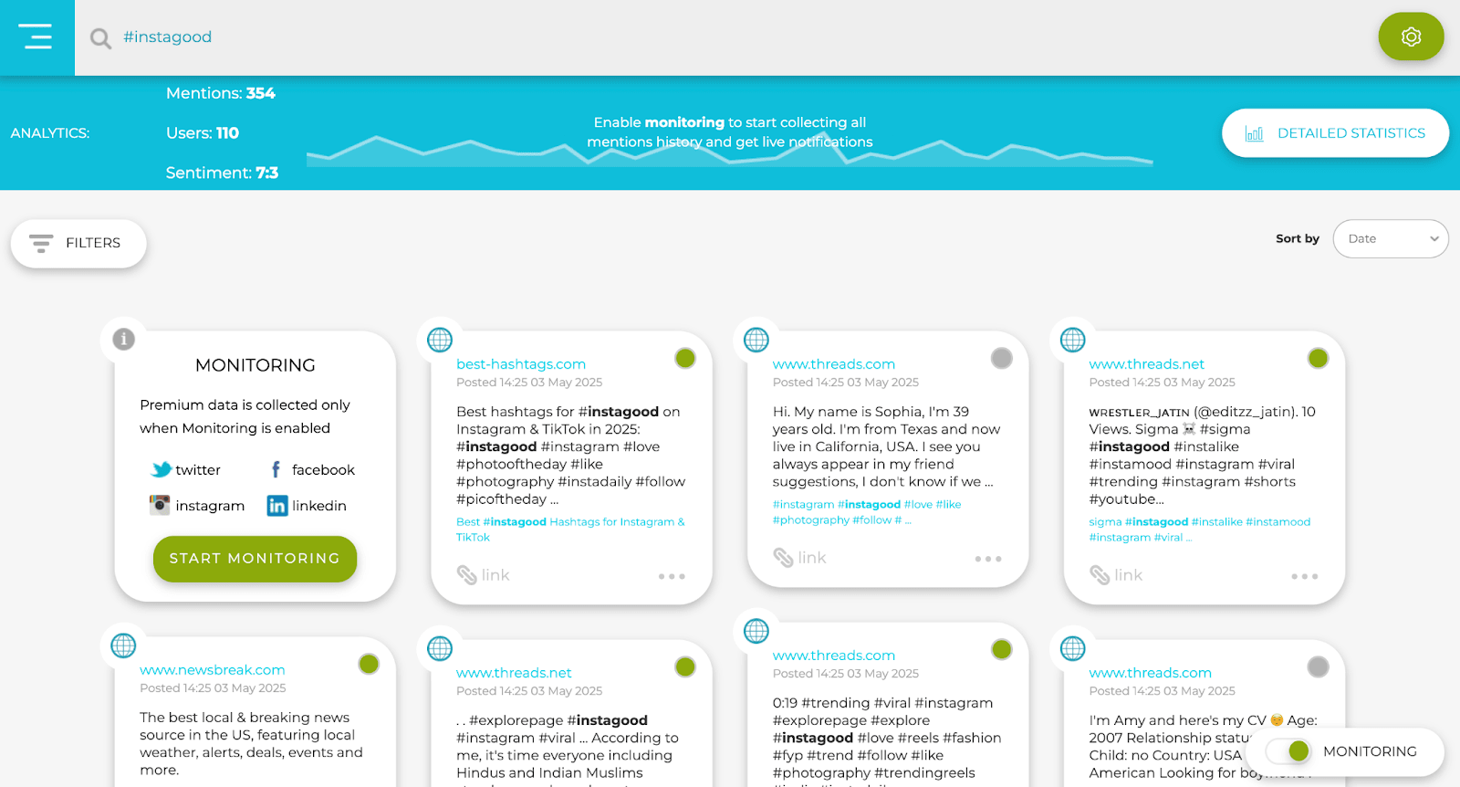 A web dashboard displays hashtag analytics, mention statistics, and monitoring cards for Instagram-related data.