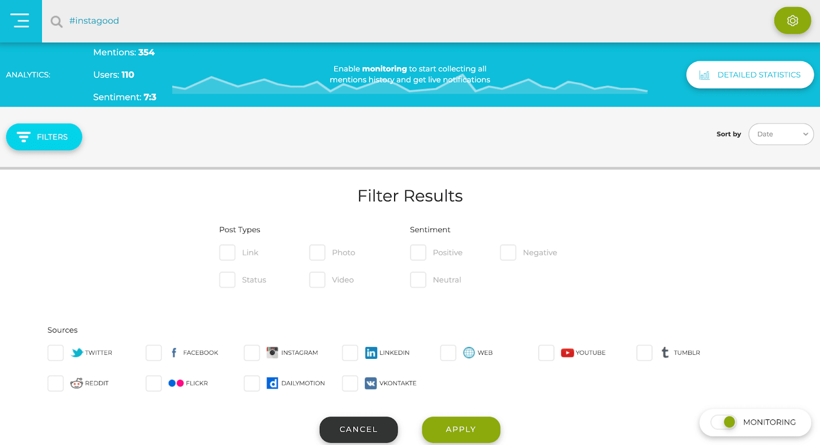 A social media monitoring dashboard displaying analytics, filter options, and a button to start collecting mention data.