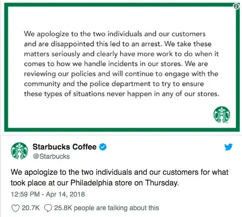 Starbucks apology message about an arrest incident at a Philadelphia store, posted on Twitter.