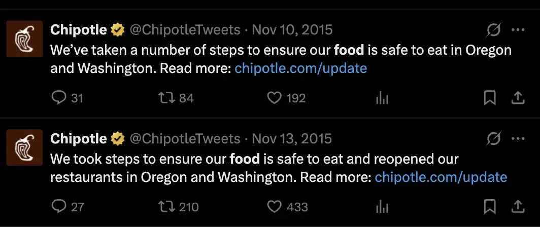 Two Chipotle tweets from November 2015 address food safety and restaurant reopening in Oregon and Washington.