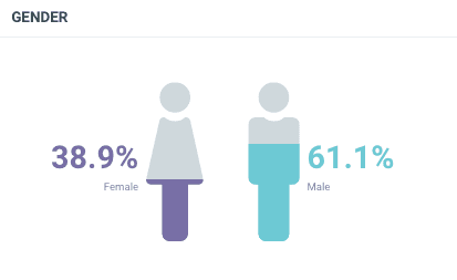 Audience analysis demographics chart of gender split: 61.1% male, 38.9% female, shown as stylized figures with shaded coloring.