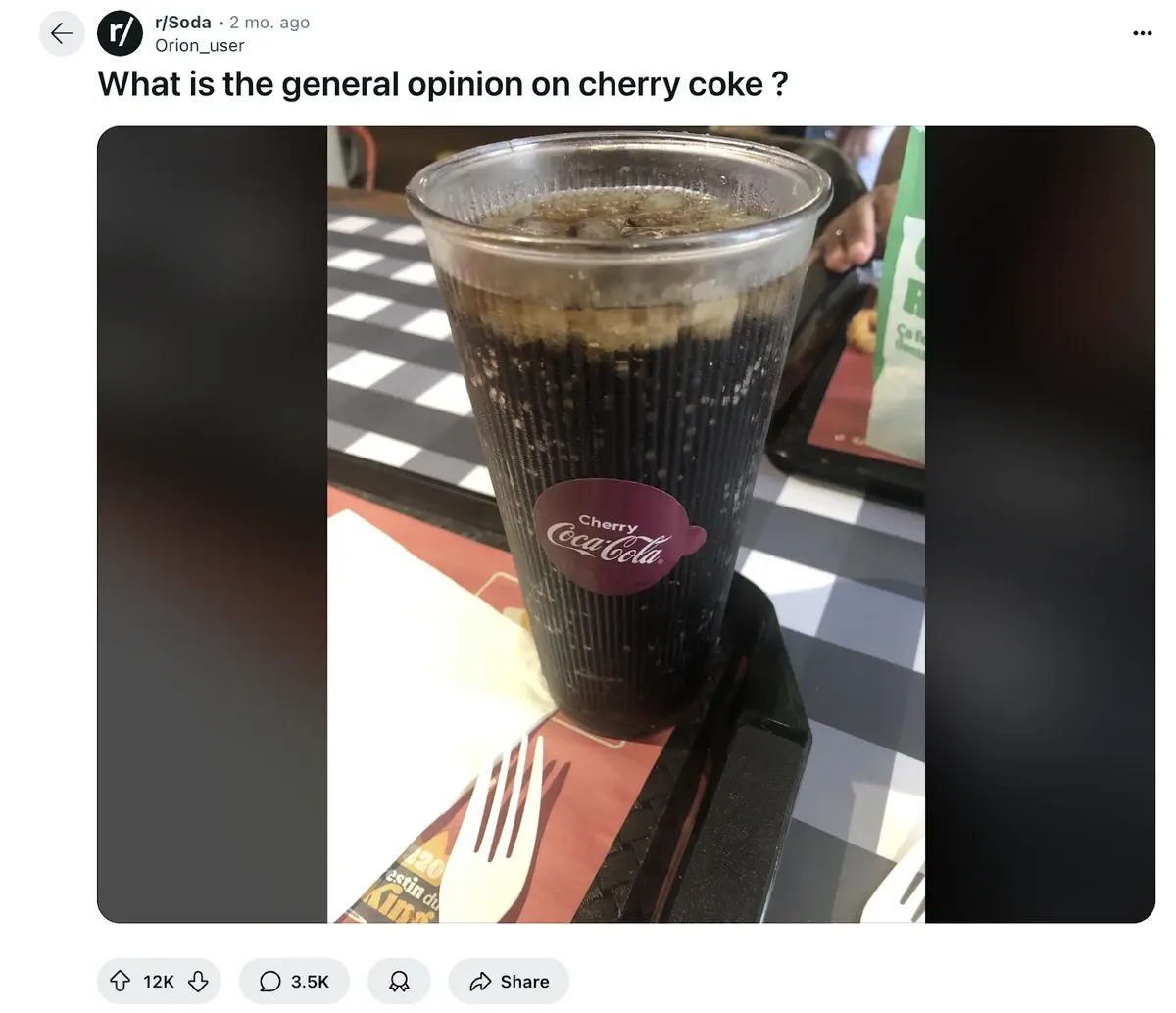 Photo posted on reddit r/soda of a glass of Cherry Coke with the title "What is the general opinion on cherry coke?"