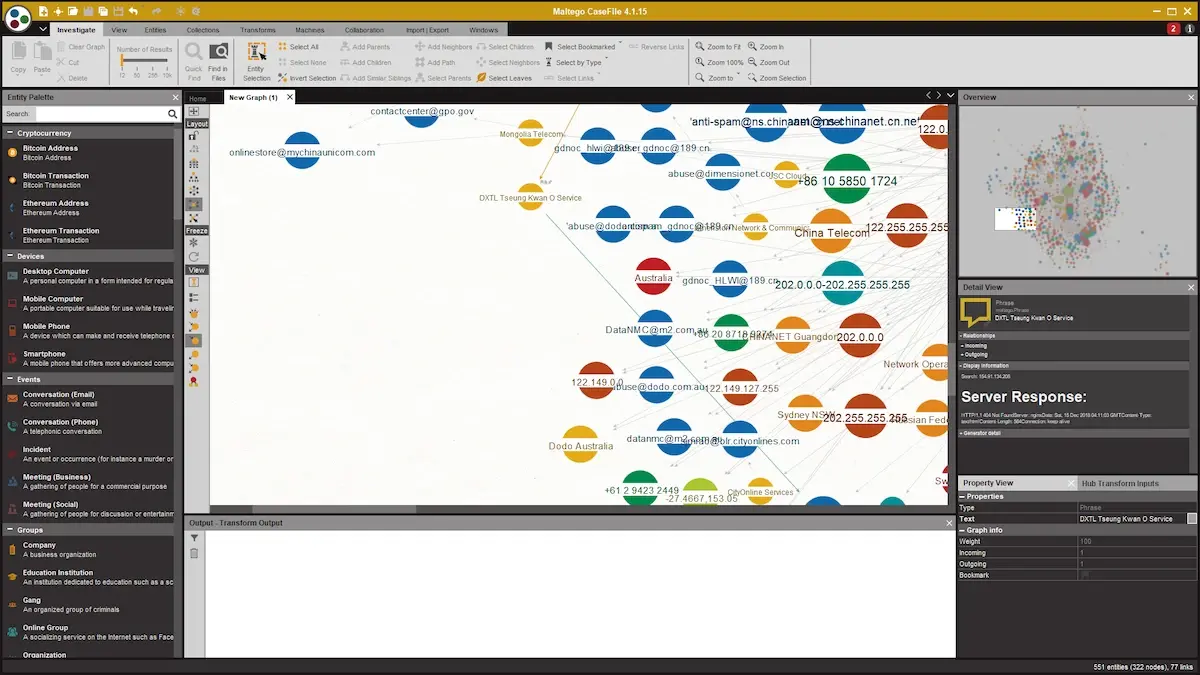 Screenshot of Maltego software showing a network graph with nodes connected by lines and analysis panels open.