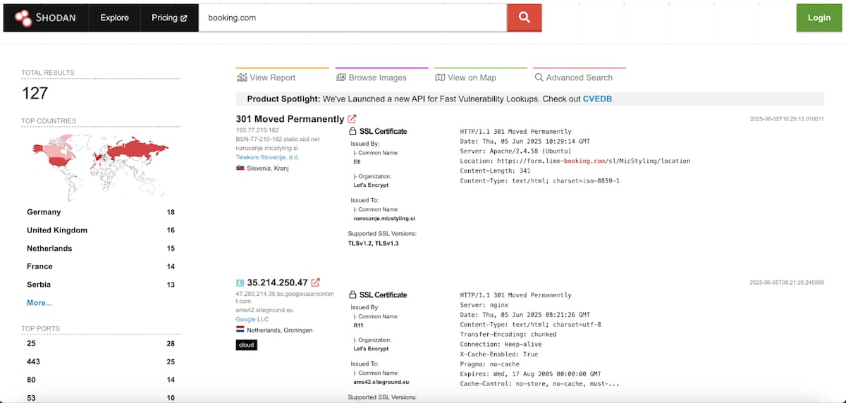 Screenshot of Shodan search results showing details for two IP addresses, including SSL certificate information and HTTP status.