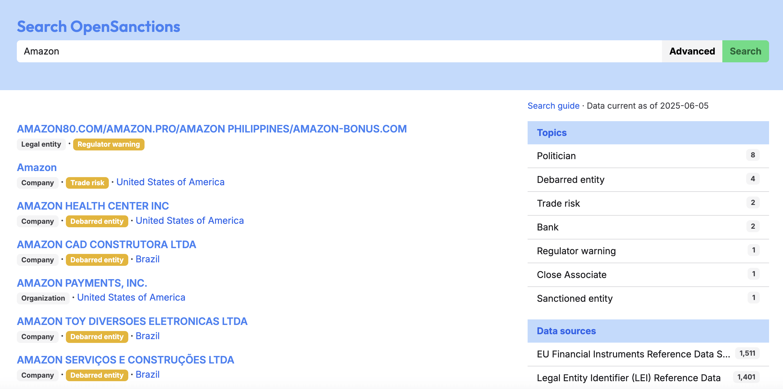 Search results for Amazon on OpenSanctions website, listing entities with regulatory or debarred warnings highlighted.