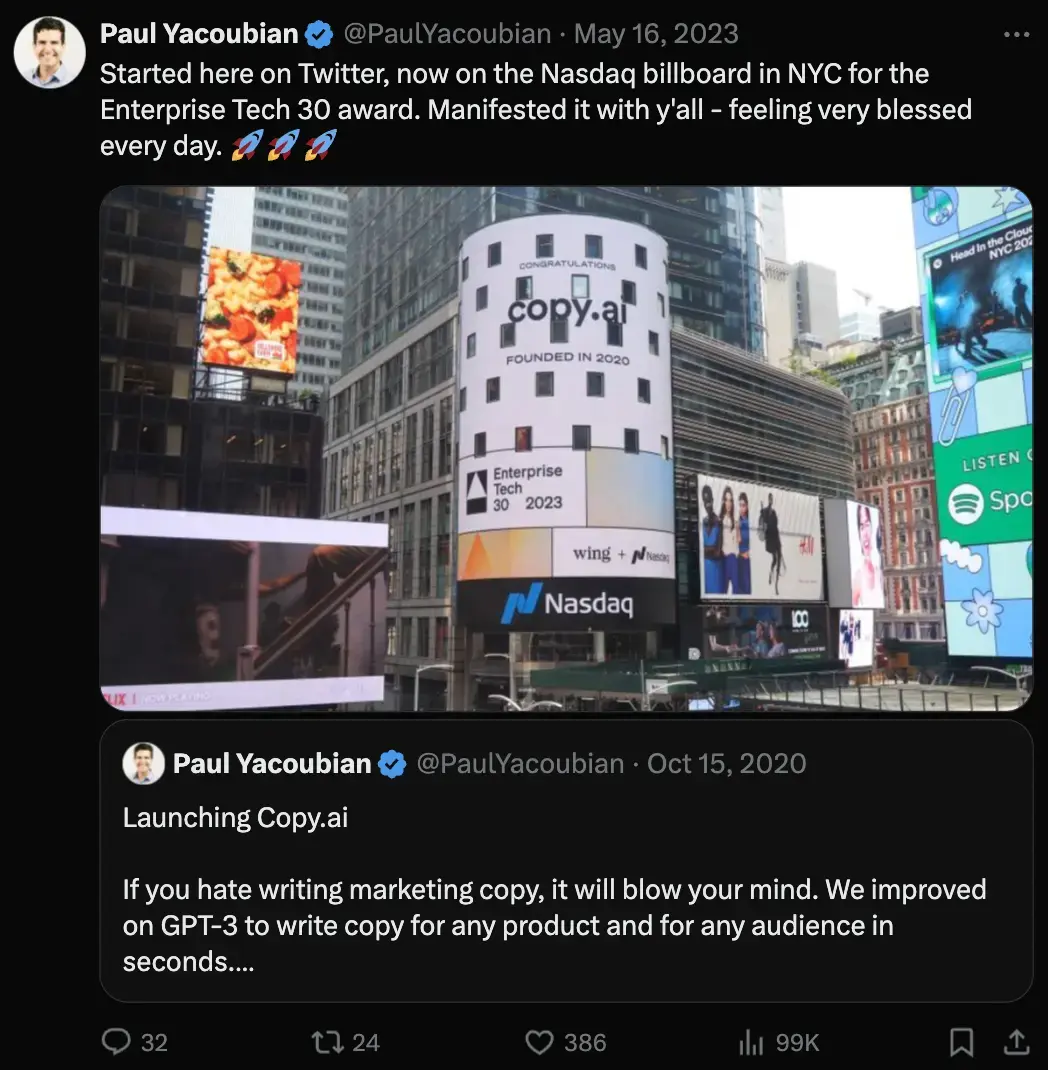 Instagram user @PaulYacoubian with a picture of the large exterior Nasdaq billboard in NYC.