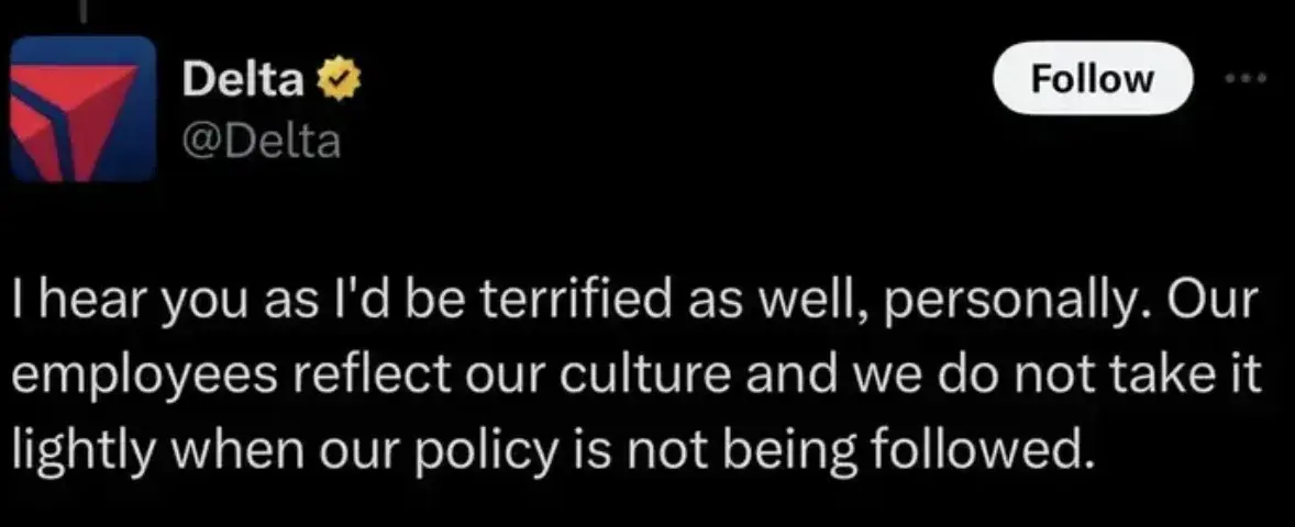 A tweet from Delta Airlines (@Delta). Text reads "I hear you as l