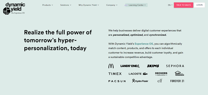 A screenshot of Dynamic Yield's homepage