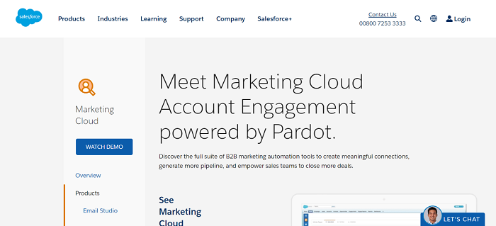 A screenshot of Saleforce's Pardot homepage